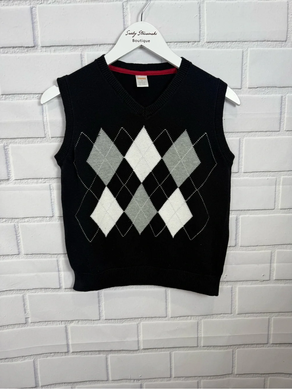 Gymboree Boys Argyle Sweater Vest Size 12 Black Gray White V-Neck Cotton Preppy